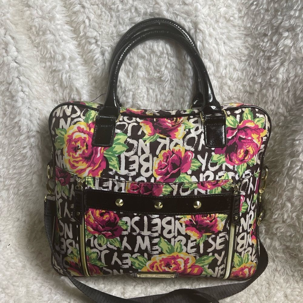 Betsey Johnson Nylon colorful large laptop shoulder bag black patent trim &strap
